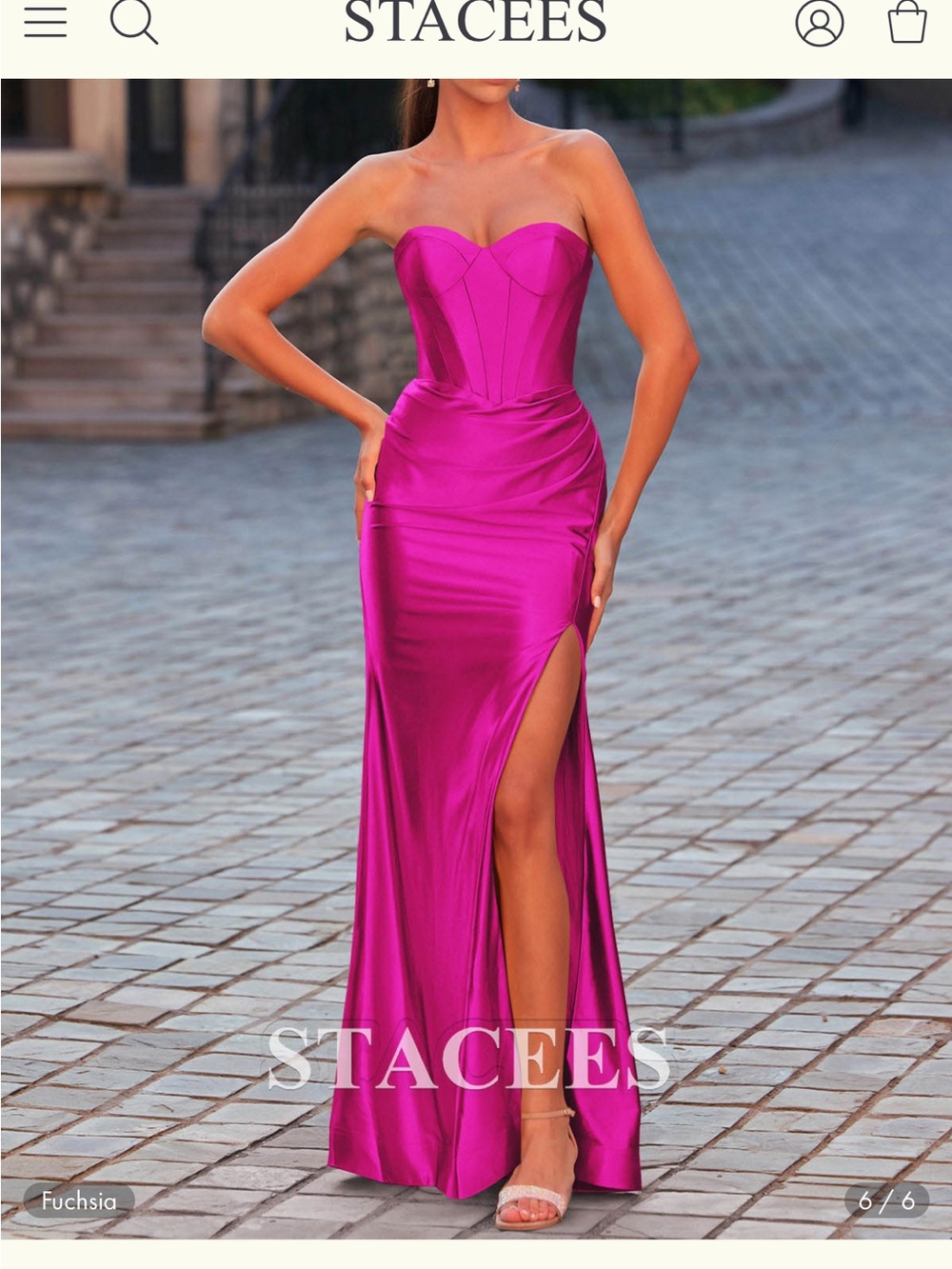 Stacees Fuchsia Strapless Satin Corset Gown with Side Slit